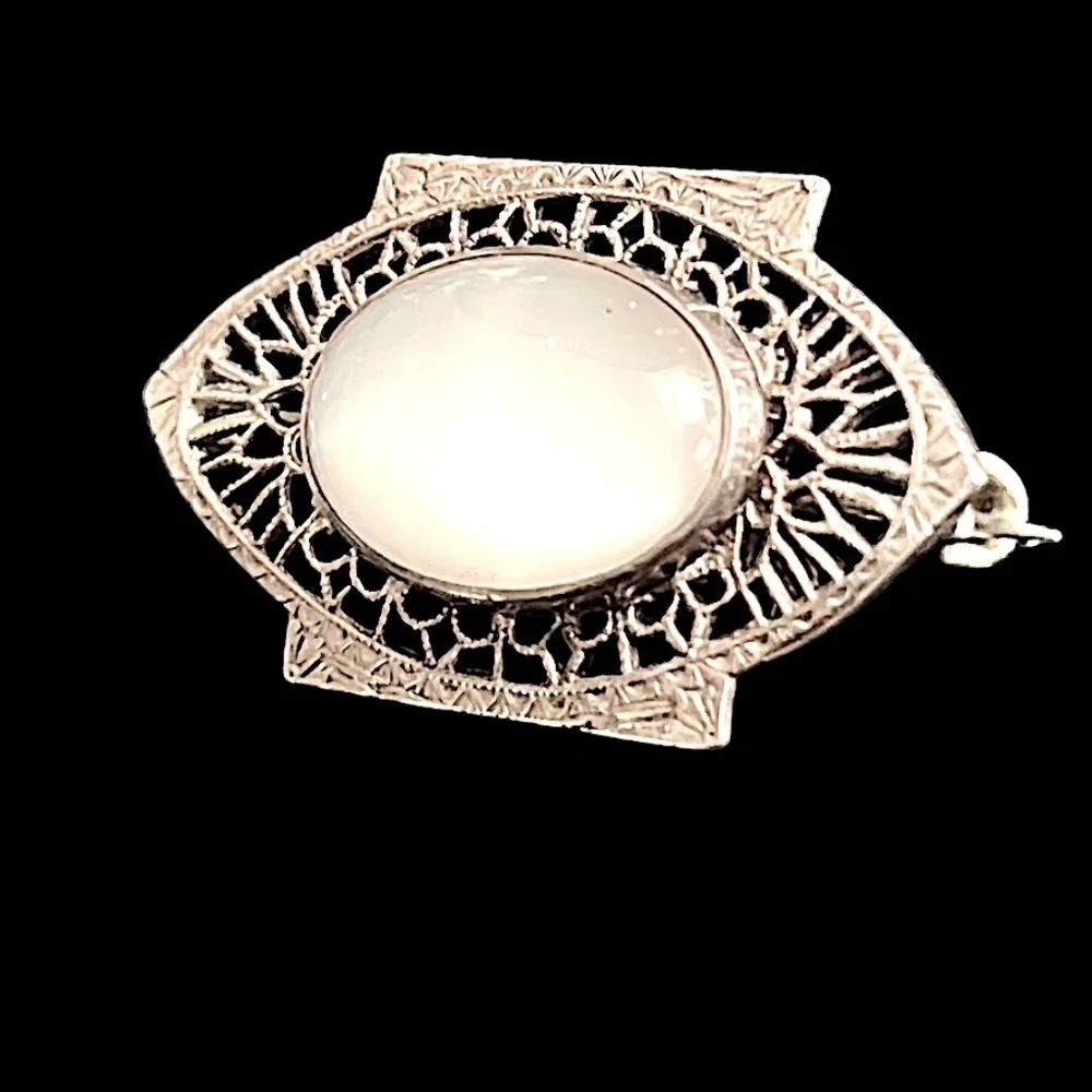 Antique Edwardian Sterling Silver Opaline Glass Brooch Pin 1900-1915